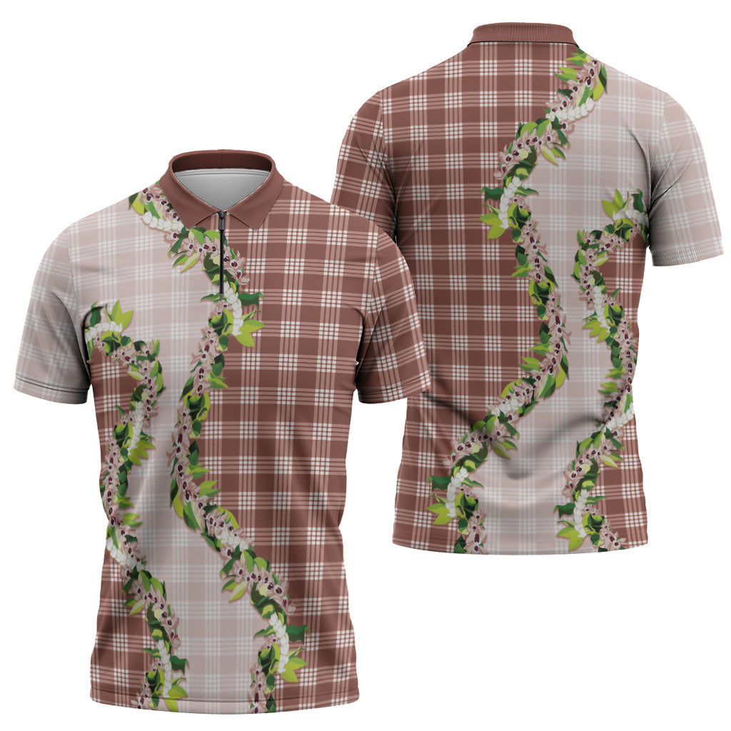 Mocha Hawaii Palaka Zipper Polo Shirt Maile Pikake Honohono Orchid Lei