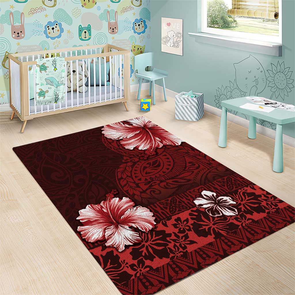 Hawaii Hibiscus With Oxblood Polynesian Pattern Area Rug