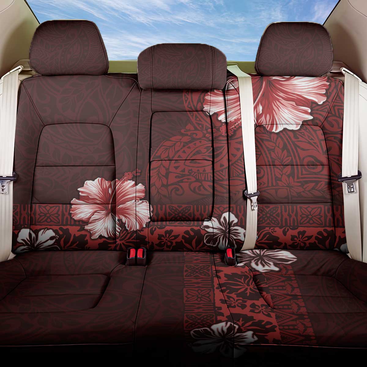 Hawaii Hibiscus With Oxblood Polynesian Pattern Back Car Seat Cover LT05 One Size Red - Polynesian Pride