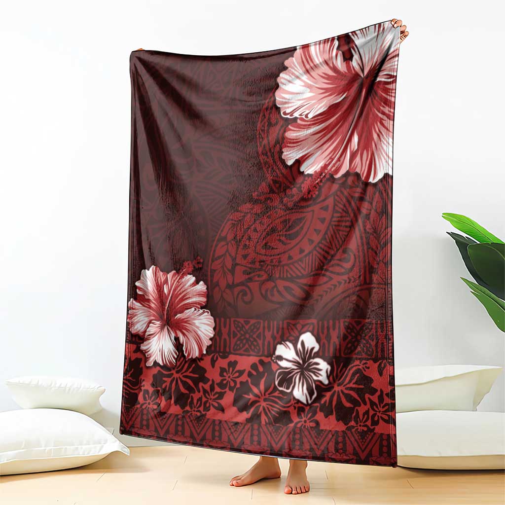 Hawaii Hibiscus With Oxblood Polynesian Pattern Blanket
