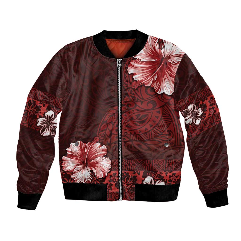 Hawaii Hibiscus With Oxblood Polynesian Pattern Bomber Jacket LT05 Unisex Red - Polynesian Pride