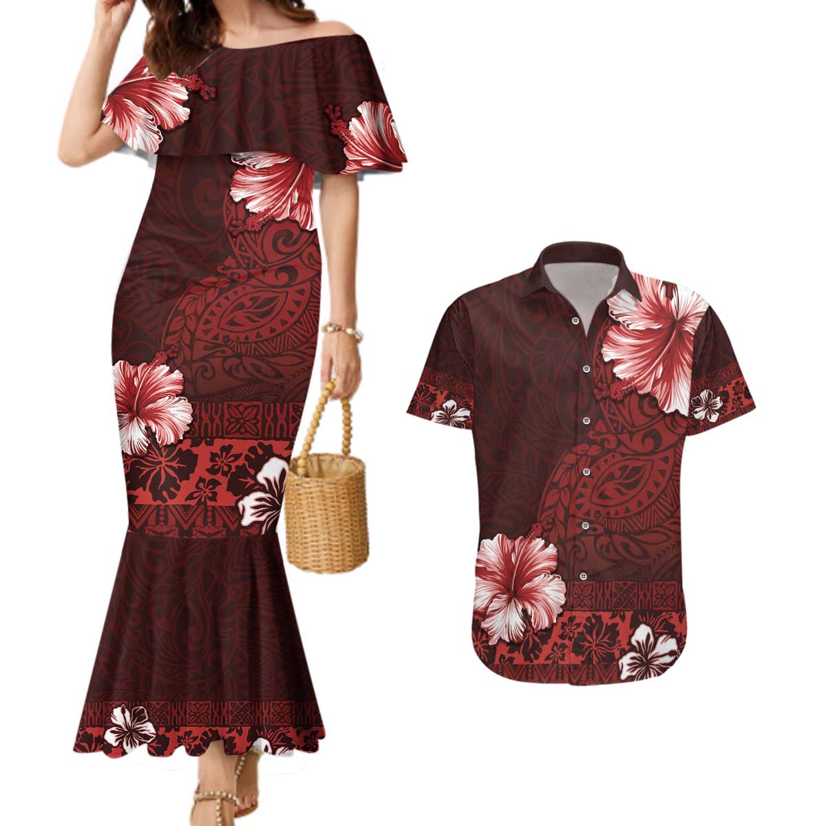 Hawaii Hibiscus With Oxblood Polynesian Pattern Couples Matching Mermaid Dress and Hawaiian Shirt LT05 Red - Polynesian Pride