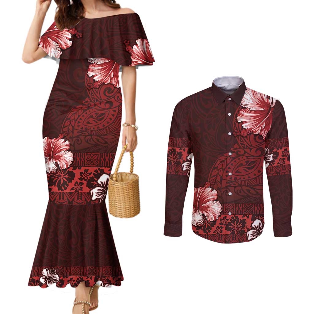 Hawaii Hibiscus With Oxblood Polynesian Pattern Couples Matching Mermaid Dress and Long Sleeve Button Shirt