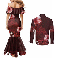 Hawaii Hibiscus With Oxblood Polynesian Pattern Couples Matching Mermaid Dress and Long Sleeve Button Shirt
