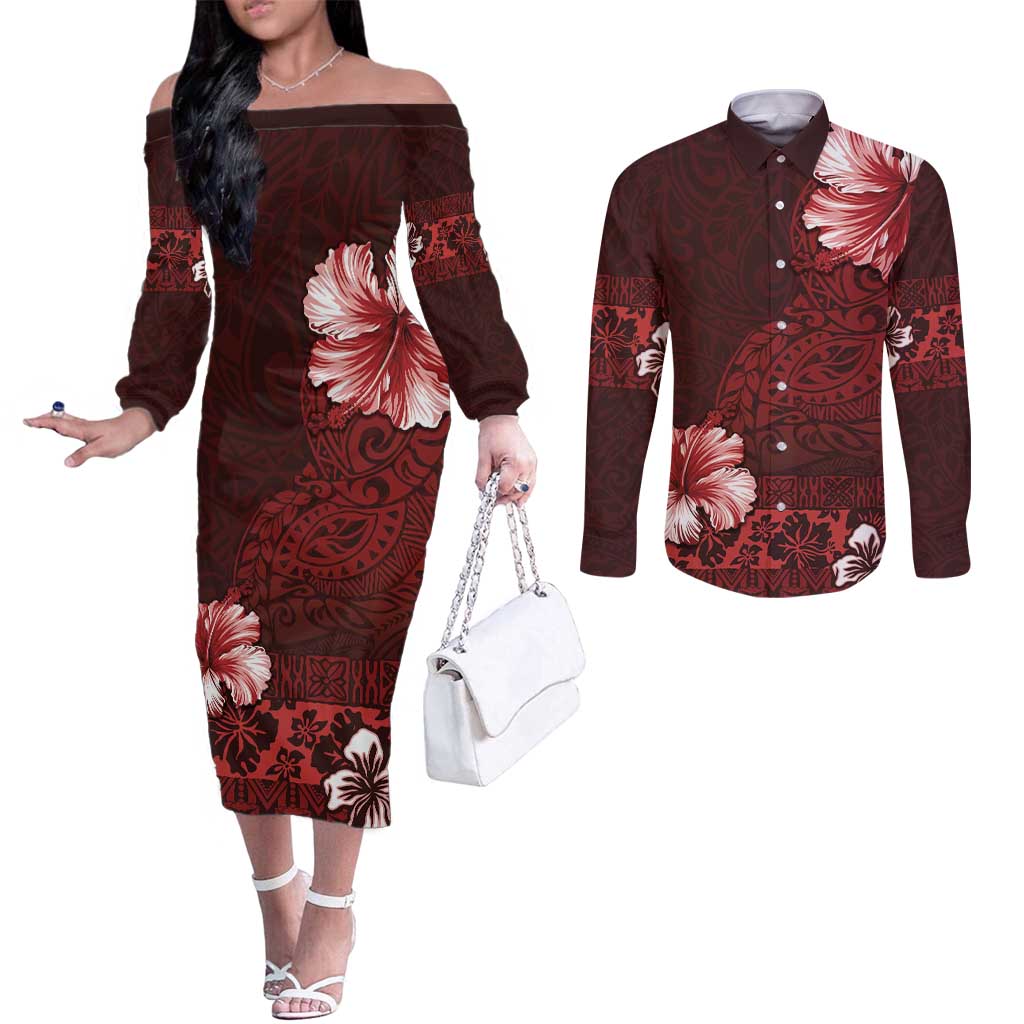 Hawaii Hibiscus With Oxblood Polynesian Pattern Couples Matching Off The Shoulder Long Sleeve Dress and Long Sleeve Button Shirt