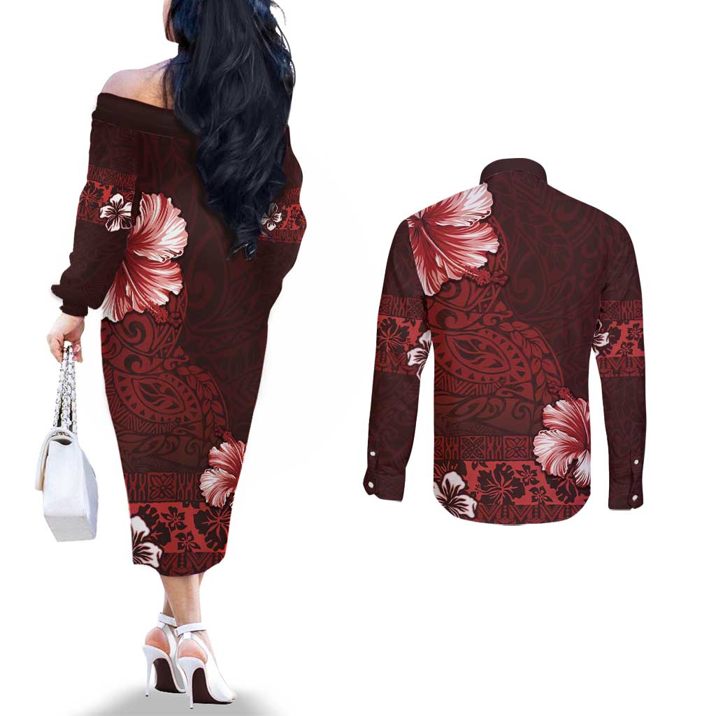 Hawaii Hibiscus With Oxblood Polynesian Pattern Couples Matching Off The Shoulder Long Sleeve Dress and Long Sleeve Button Shirt