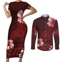 Hawaii Hibiscus With Oxblood Polynesian Pattern Couples Matching Short Sleeve Bodycon Dress and Long Sleeve Button Shirt