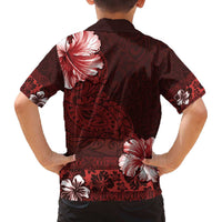 Hawaii Hibiscus With Oxblood Polynesian Pattern Family Matching Off The Shoulder Long Sleeve Dress and Hawaiian Shirt LT05 - Polynesian Pride