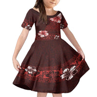 Hawaii Hibiscus With Oxblood Polynesian Pattern Family Matching Off The Shoulder Long Sleeve Dress and Hawaiian Shirt LT05 Daughter's Dress Red - Polynesian Pride