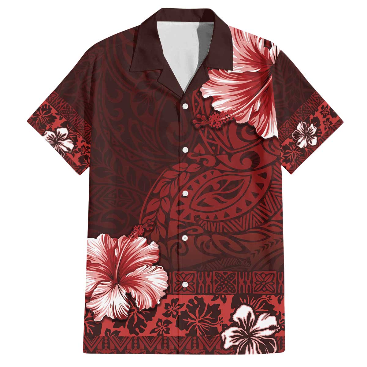 Hawaii Hibiscus With Oxblood Polynesian Pattern Family Matching Off The Shoulder Long Sleeve Dress and Hawaiian Shirt LT05 Dad's Shirt - Short Sleeve Red - Polynesian Pride