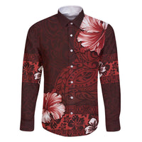 Hawaii Hibiscus With Oxblood Polynesian Pattern Family Matching Off The Shoulder Long Sleeve Dress and Hawaiian Shirt LT05 Dad's Shirt - Long Sleeve Red - Polynesian Pride