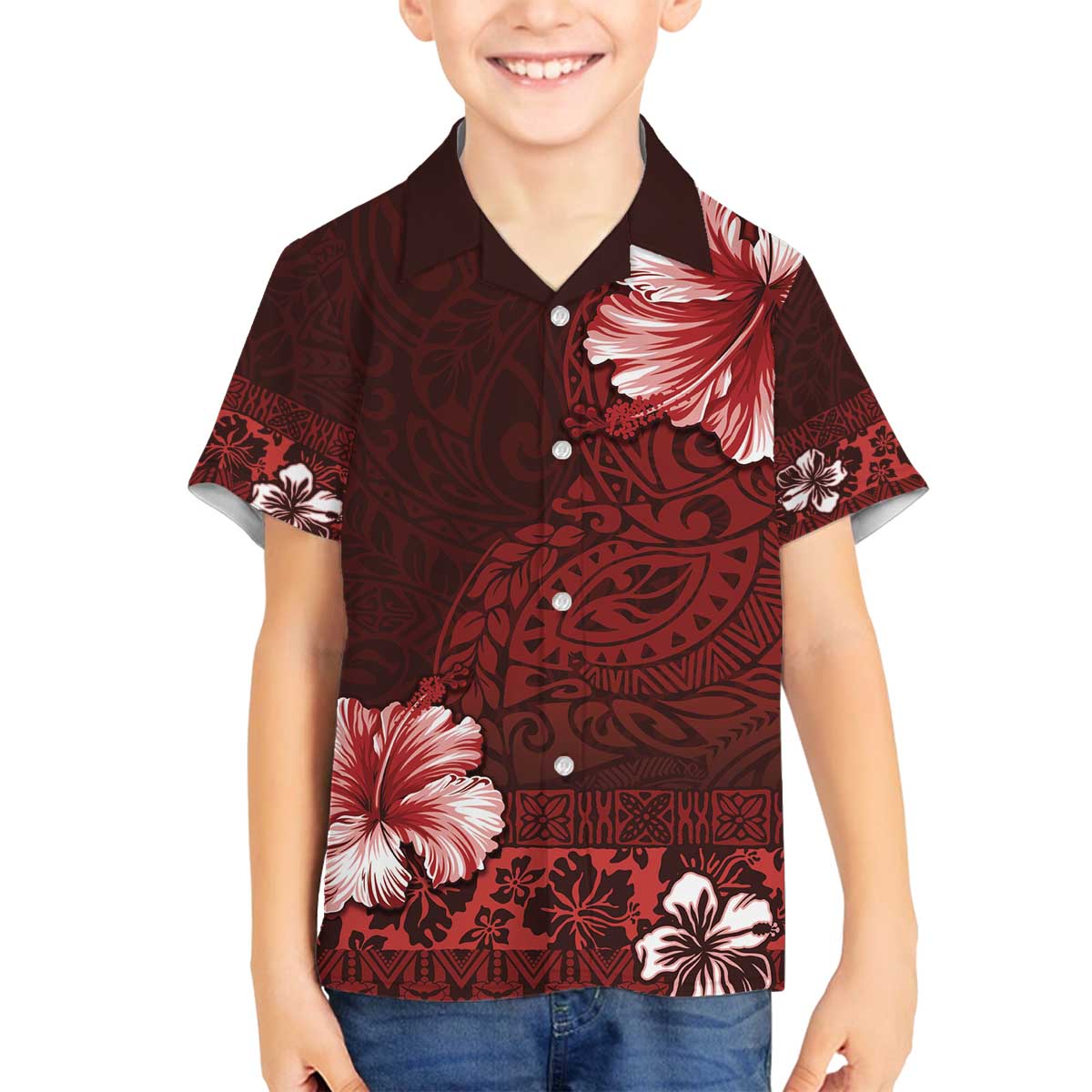 Hawaii Hibiscus With Oxblood Polynesian Pattern Family Matching Off The Shoulder Long Sleeve Dress and Hawaiian Shirt LT05 Son's Shirt Red - Polynesian Pride