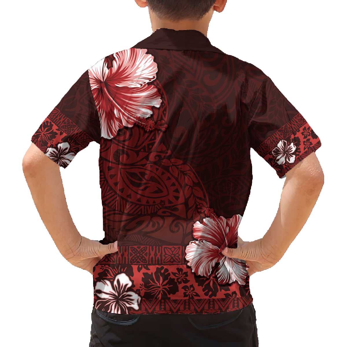 Hawaii Hibiscus With Oxblood Polynesian Pattern Family Matching Off Shoulder Short Dress and Hawaiian Shirt LT05 - Polynesian Pride