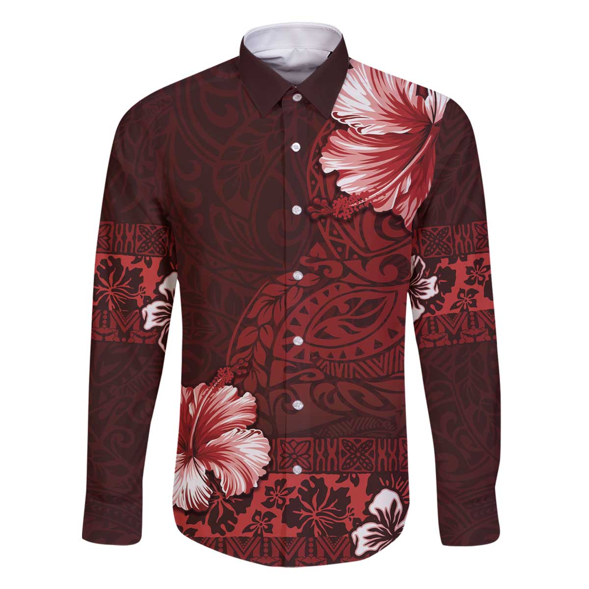 Hawaii Hibiscus With Oxblood Polynesian Pattern Family Matching Off Shoulder Short Dress and Hawaiian Shirt LT05 Dad's Shirt - Long Sleeve Red - Polynesian Pride