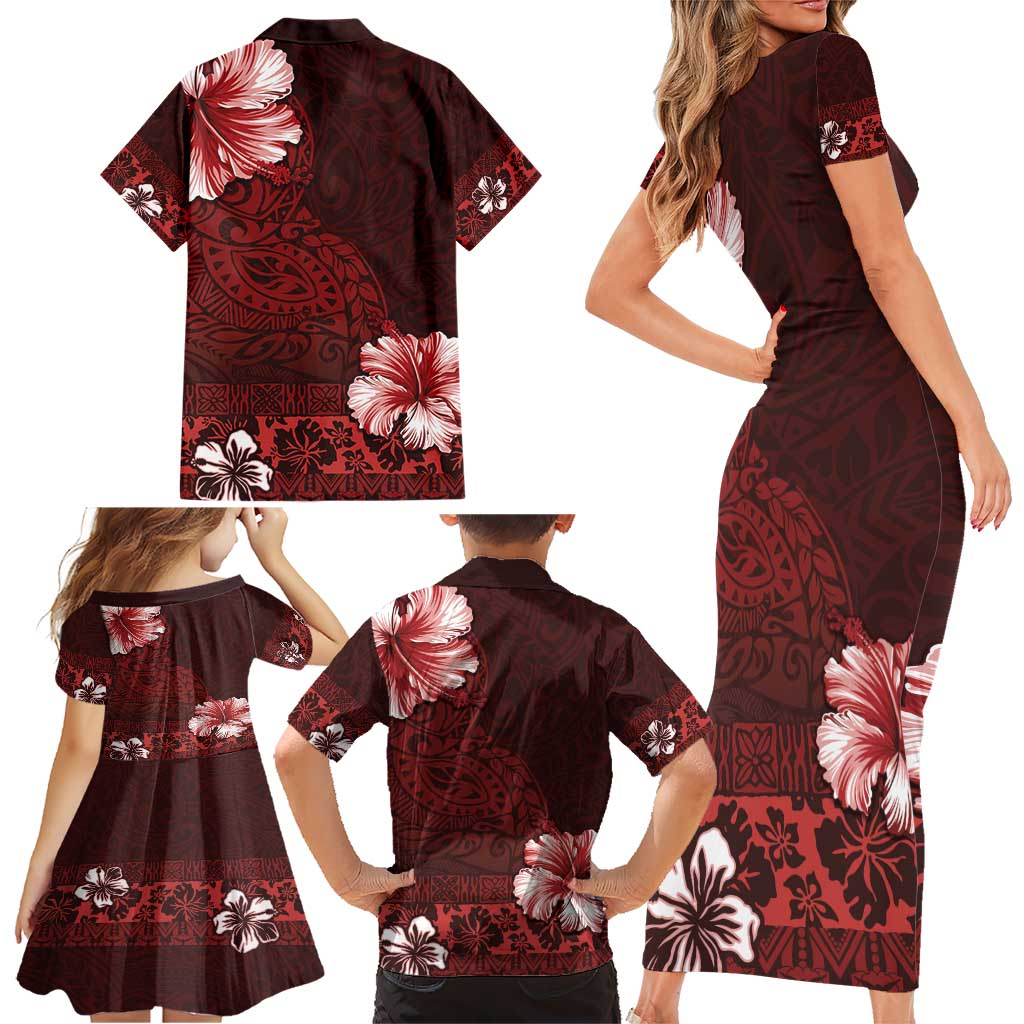 Hawaii Hibiscus With Oxblood Polynesian Pattern Family Matching Short Sleeve Bodycon Dress and Hawaiian Shirt