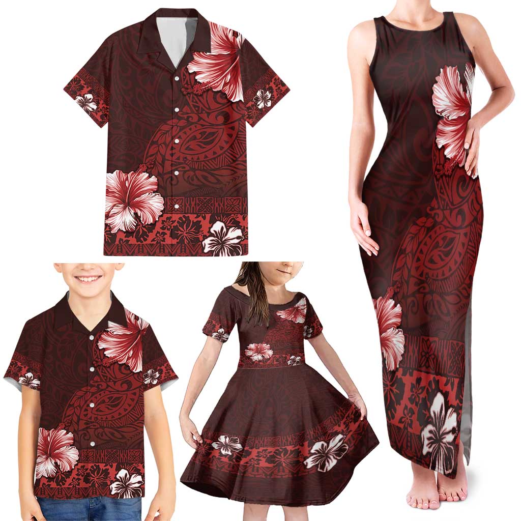 Hawaii Hibiscus With Oxblood Polynesian Pattern Family Matching Tank Maxi Dress and Hawaiian Shirt