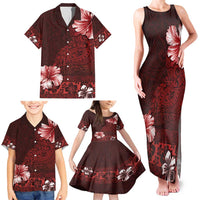 Hawaii Hibiscus With Oxblood Polynesian Pattern Family Matching Tank Maxi Dress and Hawaiian Shirt