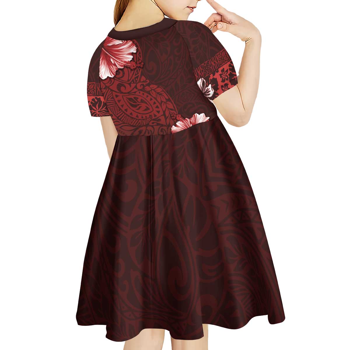 Hawaii Hibiscus With Oxblood Polynesian Pattern Kid Short Sleeve Dress
