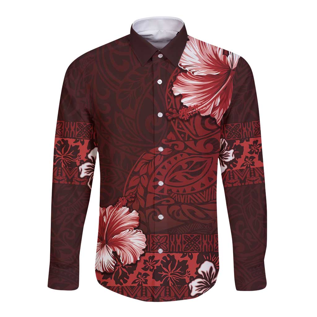 Hawaii Hibiscus With Oxblood Polynesian Pattern Long Sleeve Button Shirt LT05 Unisex Red - Polynesian Pride