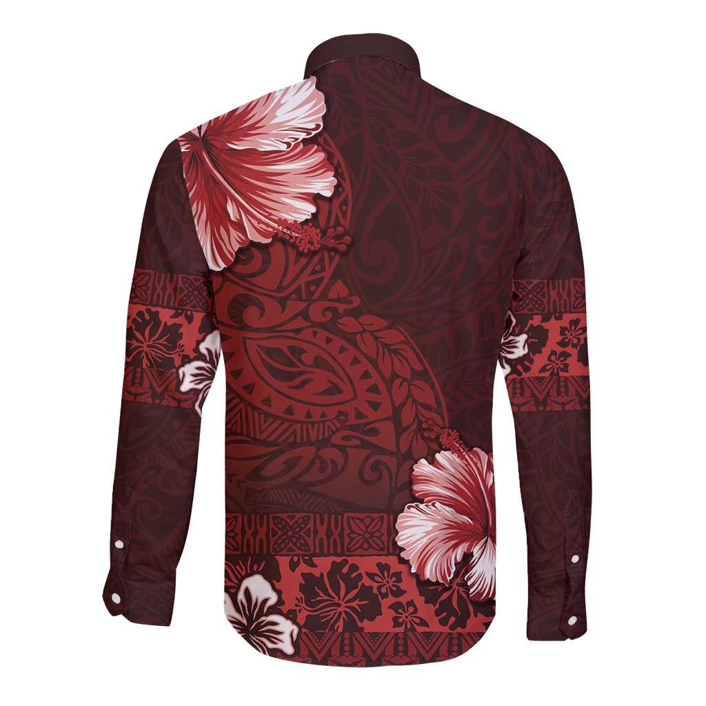 Hawaii Hibiscus With Oxblood Polynesian Pattern Long Sleeve Button Shirt LT05 - Polynesian Pride