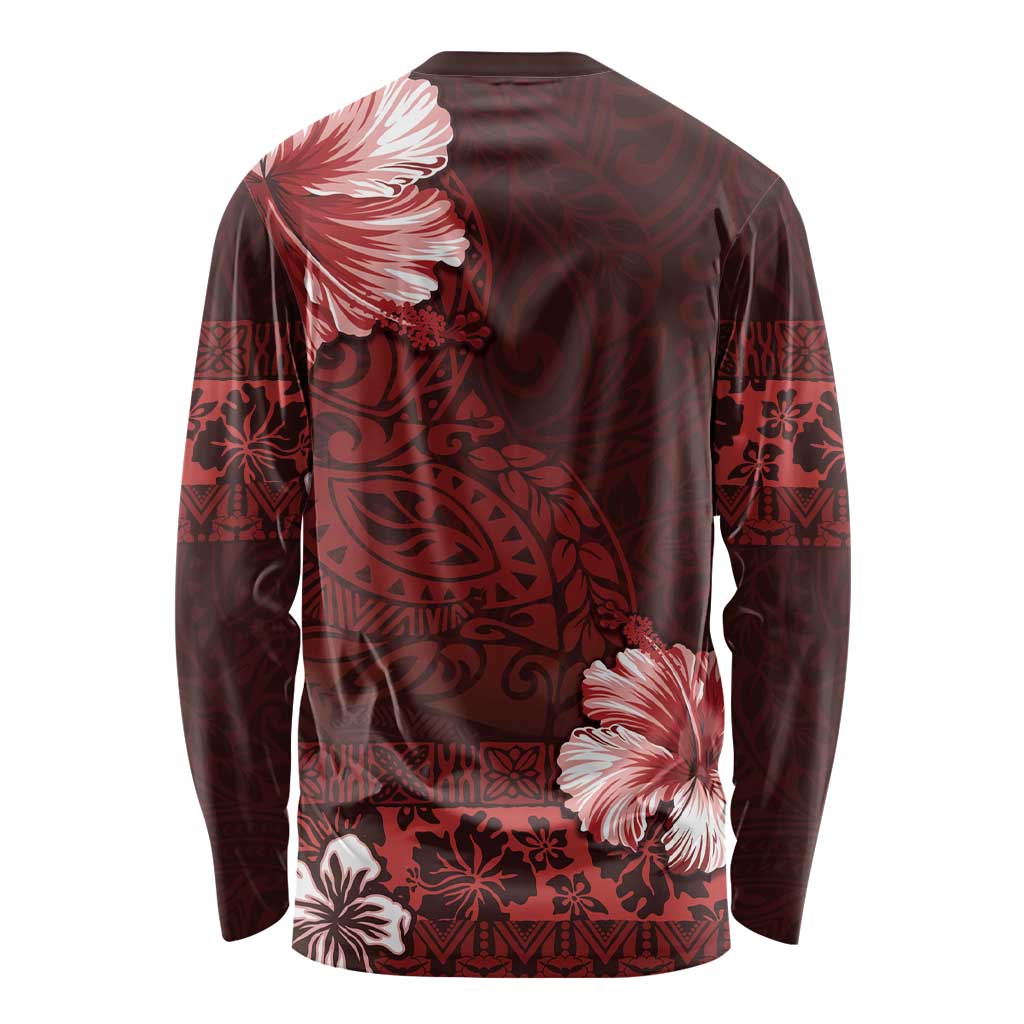 Hawaii Hibiscus With Oxblood Polynesian Pattern Long Sleeve Shirt LT05 - Polynesian Pride