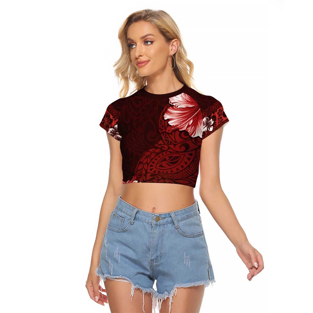 Hawaii Hibiscus With Oxblood Polynesian Pattern Raglan Cropped T Shirt LT05 Female Red - Polynesian Pride