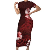 Hawaii Hibiscus With Oxblood Polynesian Pattern Short Sleeve Bodycon Dress LT05 Long Dress Red - Polynesian Pride