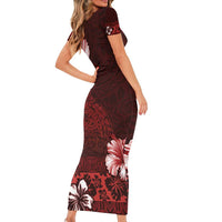 Hawaii Hibiscus With Oxblood Polynesian Pattern Short Sleeve Bodycon Dress LT05 - Polynesian Pride