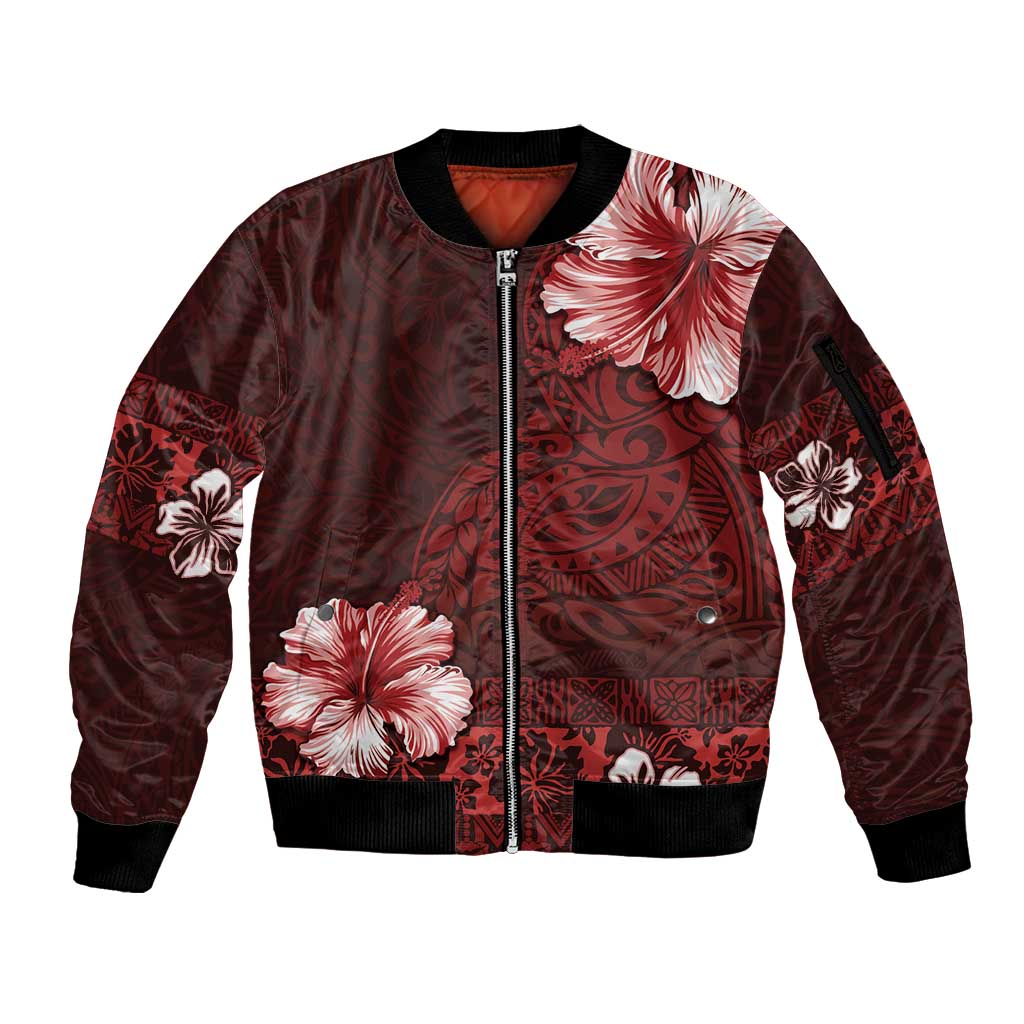 Hawaii Hibiscus With Oxblood Polynesian Pattern Sleeve Zip Bomber Jacket LT05 Unisex Red - Polynesian Pride