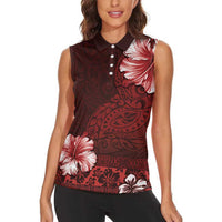 Hawaii Hibiscus With Oxblood Polynesian Pattern Women Sleeveless Polo Shirt