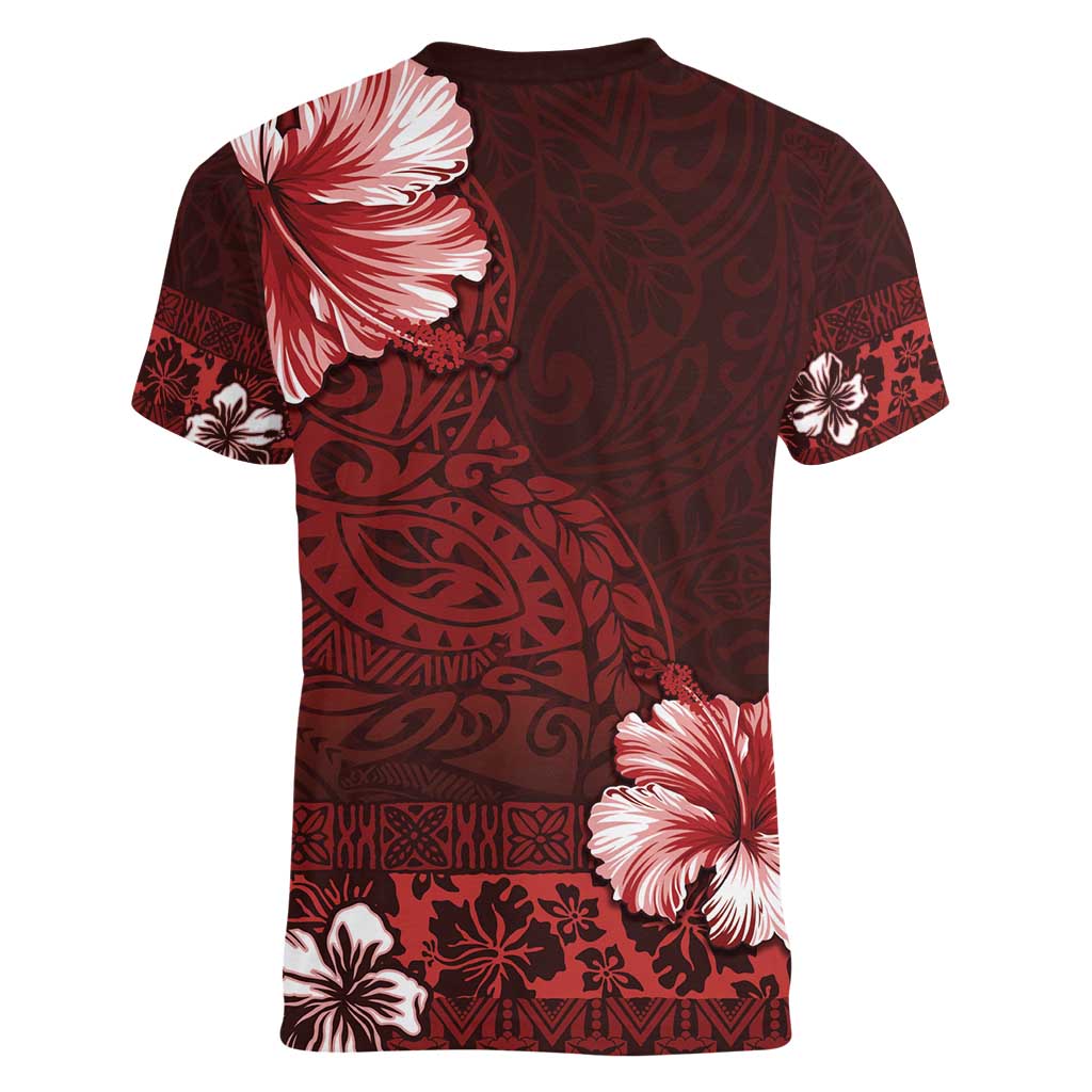Hawaii Hibiscus With Oxblood Polynesian Pattern Women V-Neck T-Shirt