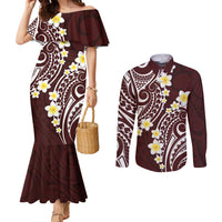 Plumeria With Oxblood Polynesian Tattoo Pattern Couples Matching Mermaid Dress and Long Sleeve Button Shirt