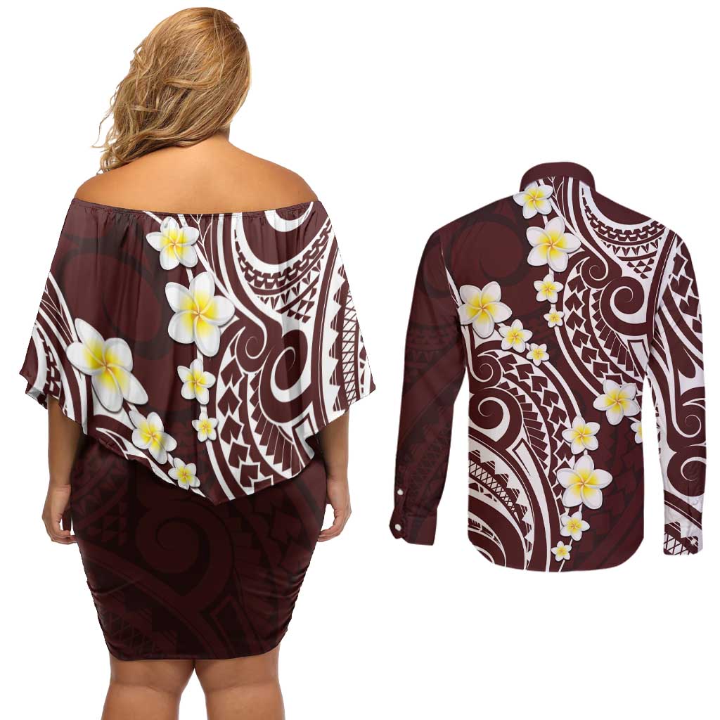 Plumeria With Oxblood Polynesian Tattoo Pattern Couples Matching Off Shoulder Short Dress and Long Sleeve Button Shirt