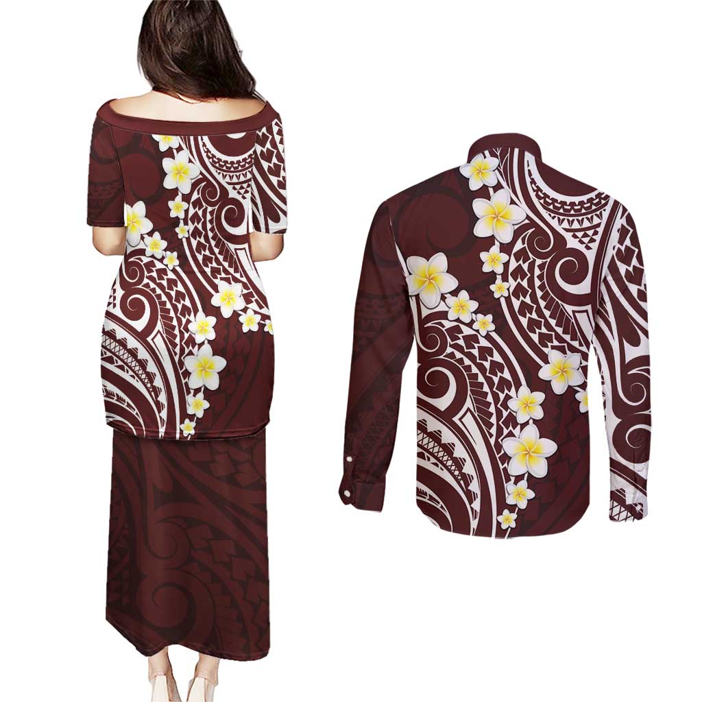 Plumeria With Oxblood Polynesian Tattoo Pattern Couples Matching Puletasi and Long Sleeve Button Shirt