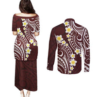Plumeria With Oxblood Polynesian Tattoo Pattern Couples Matching Puletasi and Long Sleeve Button Shirt