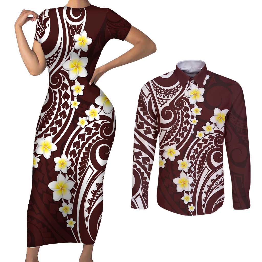 Plumeria With Oxblood Polynesian Tattoo Pattern Couples Matching Short Sleeve Bodycon Dress and Long Sleeve Button Shirt LT05 Red - Polynesian Pride