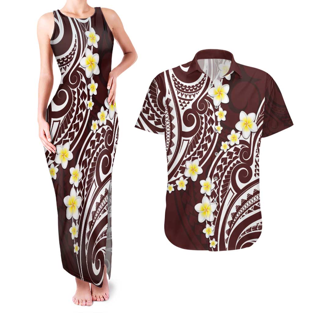 Plumeria With Oxblood Polynesian Tattoo Pattern Couples Matching Tank Maxi Dress and Hawaiian Shirt LT05 Red - Polynesian Pride