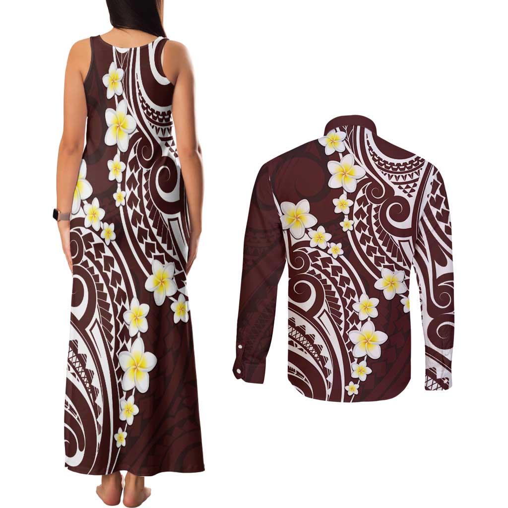 Plumeria With Oxblood Polynesian Tattoo Pattern Couples Matching Tank Maxi Dress and Long Sleeve Button Shirt