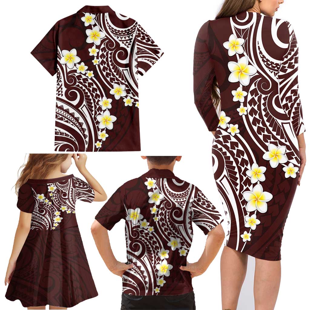 Plumeria With Oxblood Polynesian Tattoo Pattern Family Matching Long Sleeve Bodycon Dress and Hawaiian Shirt