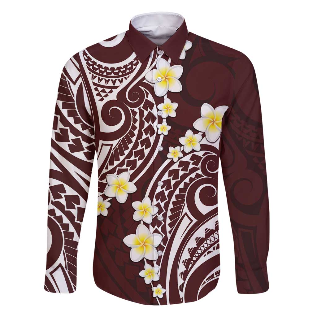 Plumeria With Oxblood Polynesian Tattoo Pattern Family Matching Mermaid Dress and Hawaiian Shirt LT05 Dad's Shirt - Long Sleeve Red - Polynesian Pride