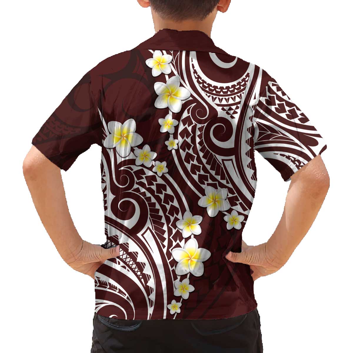 Plumeria With Oxblood Polynesian Tattoo Pattern Family Matching Off The Shoulder Long Sleeve Dress and Hawaiian Shirt LT05 - Polynesian Pride