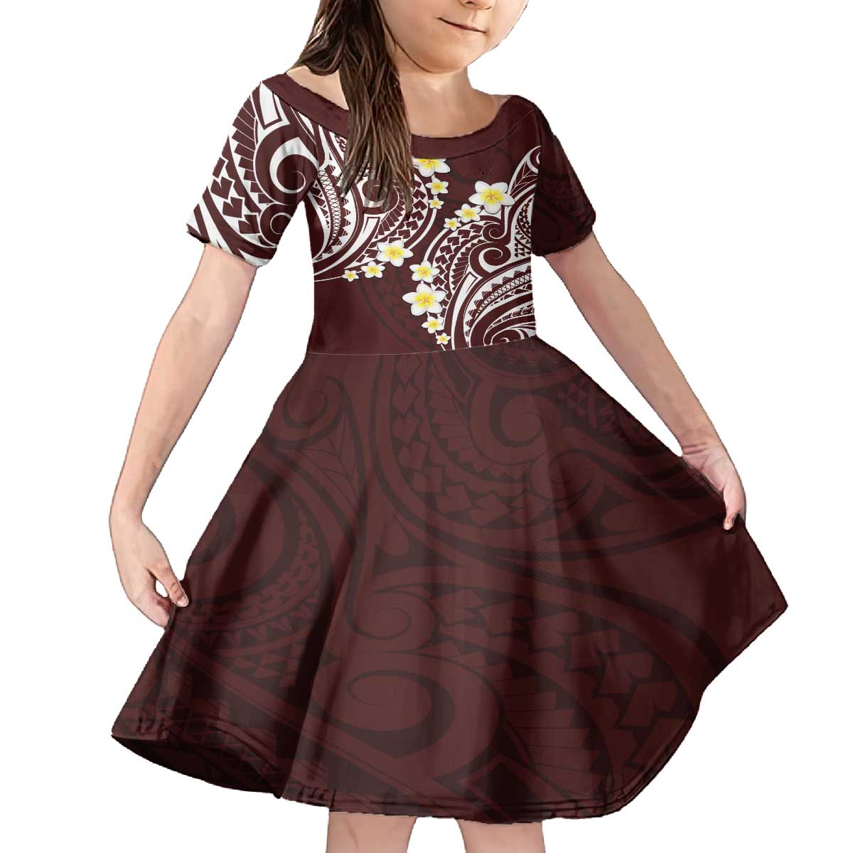 Plumeria With Oxblood Polynesian Tattoo Pattern Family Matching Off The Shoulder Long Sleeve Dress and Hawaiian Shirt LT05 Daughter's Dress Red - Polynesian Pride