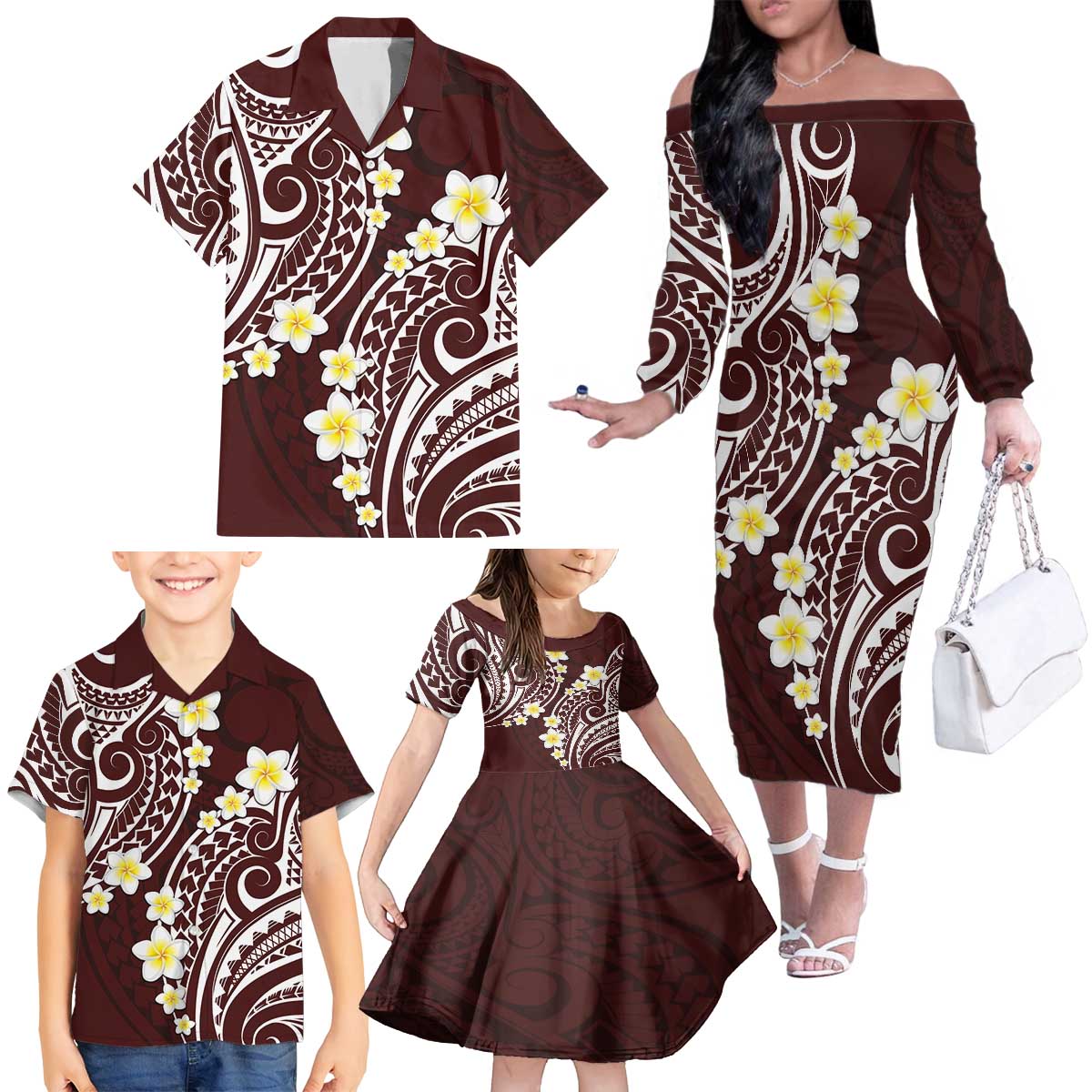 Plumeria With Oxblood Polynesian Tattoo Pattern Family Matching Off The Shoulder Long Sleeve Dress and Hawaiian Shirt LT05 - Polynesian Pride