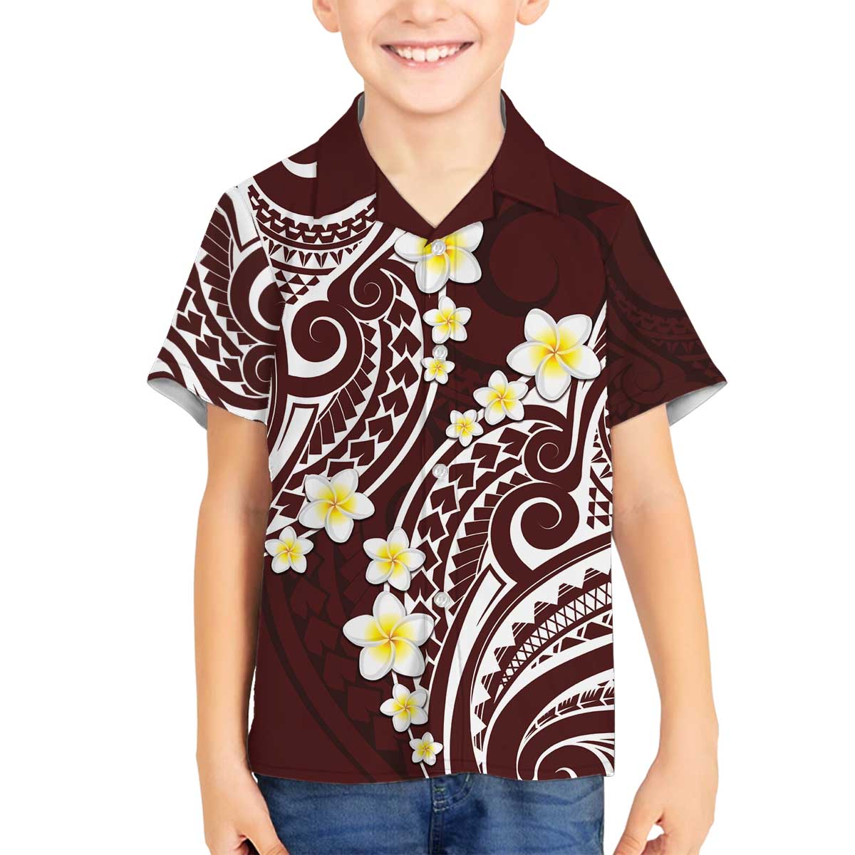 Plumeria With Oxblood Polynesian Tattoo Pattern Family Matching Off The Shoulder Long Sleeve Dress and Hawaiian Shirt LT05 Son's Shirt Red - Polynesian Pride