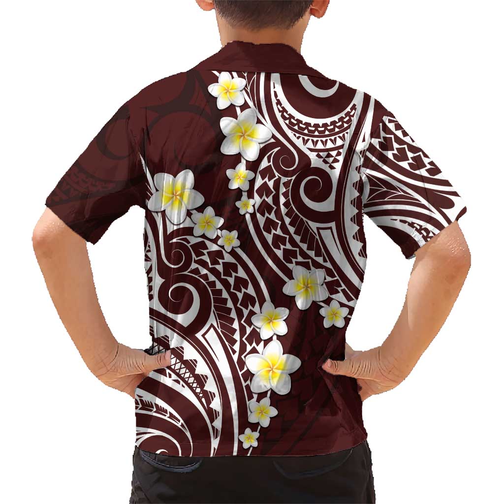 Plumeria With Oxblood Polynesian Tattoo Pattern Family Matching Short Sleeve Bodycon Dress and Hawaiian Shirt