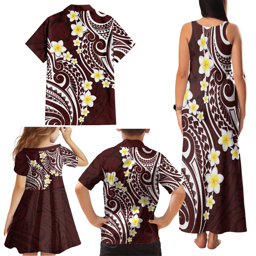 Plumeria With Oxblood Polynesian Tattoo Pattern Family Matching Tank Maxi Dress and Hawaiian Shirt