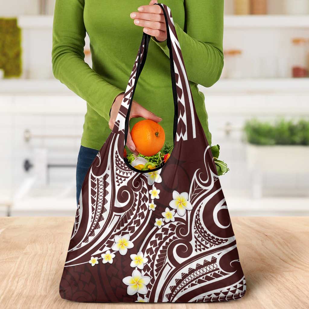 Plumeria With Oxblood Polynesian Tattoo Pattern Grocery Bag