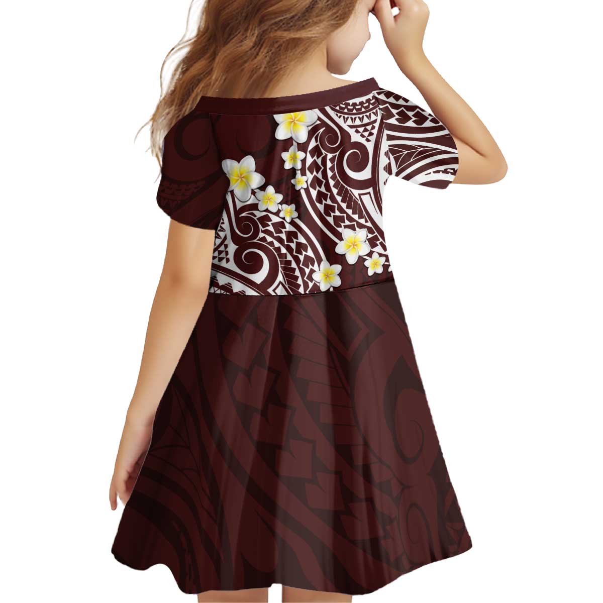 Plumeria With Oxblood Polynesian Tattoo Pattern Kid Short Sleeve Dress