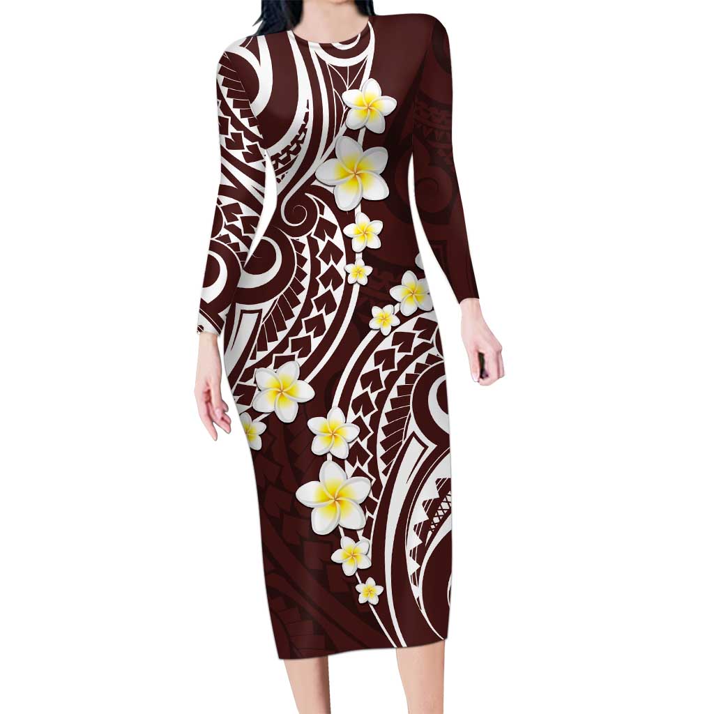 Plumeria With Oxblood Polynesian Tattoo Pattern Long Sleeve Bodycon Dress LT05 Long Dress Red - Polynesian Pride