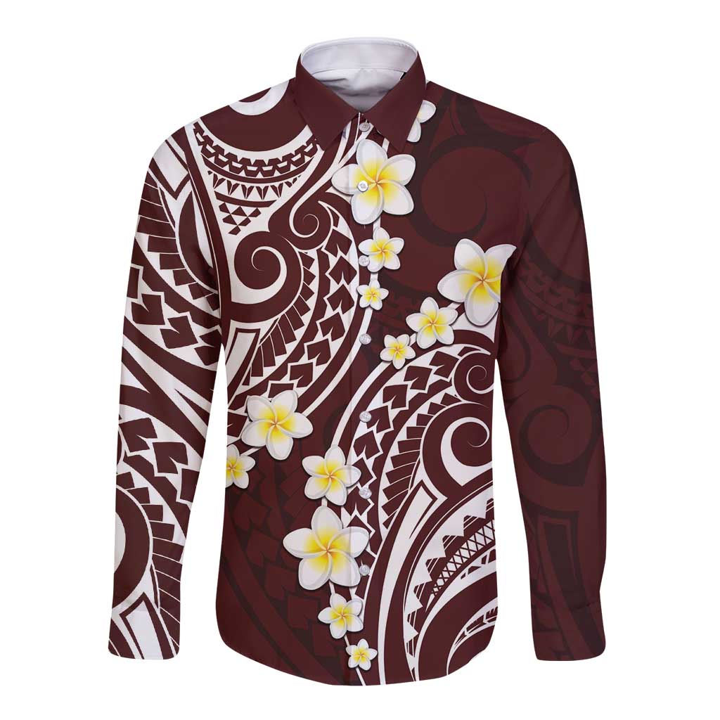 Plumeria With Oxblood Polynesian Tattoo Pattern Long Sleeve Button Shirt LT05 Unisex Red - Polynesian Pride